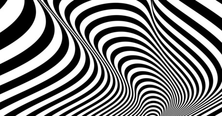 Black and white design. Pattern with optical illusion. Abstract striped background. Vector illustration.