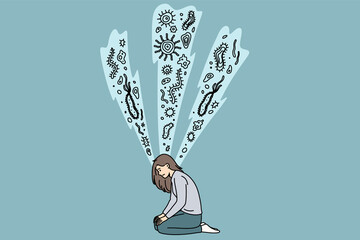 Wall Mural - research of bacterias and microorganisms concept. young woman sitting on knees looking down searchin