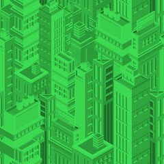 Fototapete - Green futuristic seamless pattern with isometric urban buildings and skyscrapers of modern megalopolis. Background with metropolitan city houses. Matrix backdrop. Vector illustration for wallpaper.