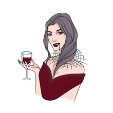 Brunette Woman With Fangs And Collar Made Of Spider Web Drinking Blood From Wine Glass. Creepy Fiction Character Isolated On White Background. Colorful Vector Illustration In Realistic Style.