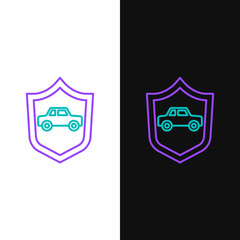 Sticker - Line Car with shield icon isolated on white and black background. Insurance concept. Security, safety, protection, protect concept. Colorful outline concept. Vector