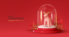 Christmas Holiday. Under Magic Glass Dome Ceramic Deer Figurine With White Snowball, Gold Metal Snowflakes. Festive New Year Realistic 3d Design Composition. Xmas Red Background. Vector Illustration