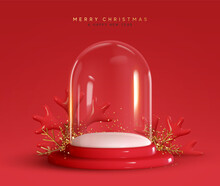 Christmas Magic Glass Dome With White Snowball, Blank Template. Festive New Year Realistic 3d Design. Xmas Mack Up Crystal Ball. Red Background. Vector Illustration