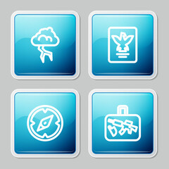 Sticker - Set line Storm, Passport, Compass and Suitcase icon. Vector