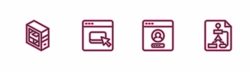 Set line Computer, Create account screen, Browser files and Flowchart icon. Vector
