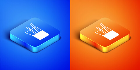 Canvas Print - Isometric Laboratory glassware or beaker icon isolated on blue and orange background. Square button. Vector