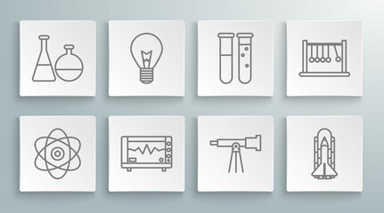 Sticker - Set line Atom, Light bulb with concept of idea, Computer monitor cardiogram, Telescope, Space shuttle and rockets, Test tube flask chemical laboratory, Pendulum and icon. Vector