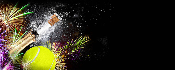Tennis ball with fireworks and an exploding bottle of champagne on a black background. Ideal for New Year, victories and celebrations