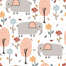 Seamless Pattern With Cute Cartoon Elephant And Tree For Fabric Print, Textile, Gift Wrapping Paper. Colorful Vector For Textile, Flat Style