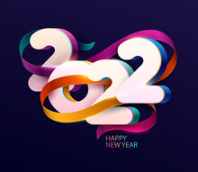 New Years 2022. Greeting Card With Multicolored Numbers And Ribbons.