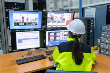 Inside the large Industry Factory Female Computer Engineer Works on Personal Computer She coding program for control machine,Thailand people work on fours monitors,Programmer working with serious