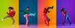 Leinwandbild Motiv Collage with young emotive men and girls, break dance, hip hop dancer in action, motion isolated over colorful background in neon