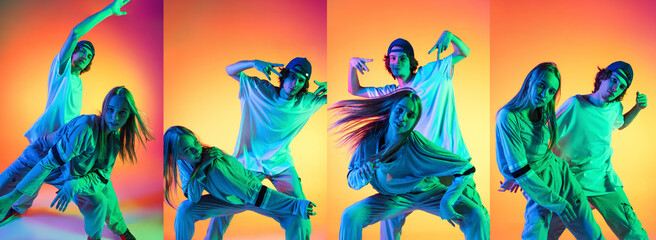 Wall Mural - Composite image made of images of two dancers, young girl and boy dancing hip-hop on gradient multi colored background in neon light.