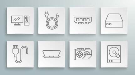 Set line USB cable cord, Electric plug, Laptop, Video graphic card, Hard disk drive HDD, RAM, random access memory, Server, Data, Web Hosting and Computer monitor icon. Vector