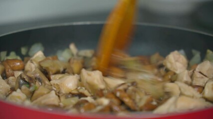 Wall Mural - Fried mushrooms in close-up with onions and chicken. Cooking at home