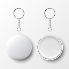 Wall Mural - Vector 3d Realistic Blank White Round Keychain with Ring and Chain for Key Isolated on White. Button Badge with Ring. Plastic, Metal ID Badge with Chains Key Holder, Design Template, Mockup