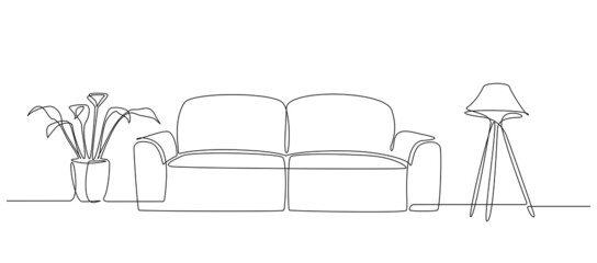 Aufkleber - Continuous one line drawing of sofa and stylish lamp and potted plant. Living room interior in loft apartment. Modern furniture in simple Linear style. Doodle vector illustration