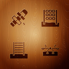 Wall Mural - Set Seesaw, Hopscotch, Swedish wall and Tic tac toe game on wooden background. Vector