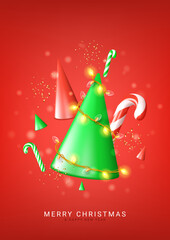 Wall Mural - Merry Christmas and Happy New Year poster. Christmas banner with realistic 3d cone trees, candy canes, sparkling garland and confetti. Xmas greeting background, card. Holiday vector illustration.