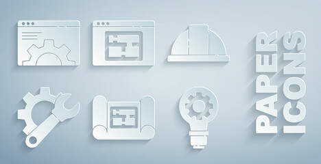 Set House plan, Worker safety helmet, Wrench spanner and gear, Light bulb, and Browser setting icon. Vector