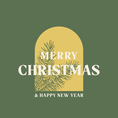 Wall Mural - Christmas Vector Background Decorative Layout. Spruce Branch with Holiday Geometry Shapes Boho Label. Contemporary Art Season Greeting Design for Cover, Wall Decor, Apparel Print, Wallpaper Promo Ads