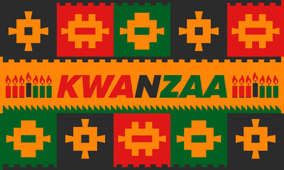 Kwanzaa Happy Celebration. African and African-American culture holiday. Seven days festival, celebrate annual from December 26 to January 1. Black history. Poster, card, banner and background. Vector