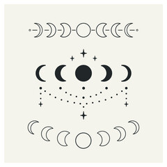 Wall Mural - set of black and white phases of the moon. celestial objects. trend vector illustration