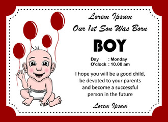 Wall Mural - baby boy birth card vector template, baby birth thank you card. beautiful, cool and creative templates. maroon color birth card template