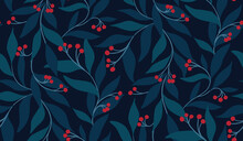 Fairy Floral Background In Dark Colors. Blue Floral Pattern With Red Berries And Large Leaves. Composition Of Tightly Intertwined Twigs With Berries And Leaves. Seamless Pattern, Vector Illustration.
