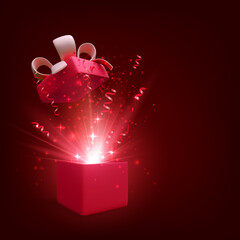 Wall Mural - open gift with fireworks and glitter. present box decoration design element. holiday banner with red