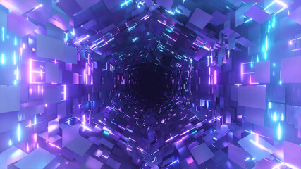 Poster - Flying inside a neon hexagonal tunnel. Background futuristic. Chaotic distribution of polygons. 3d illustration