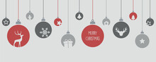 Grey And Red Christmas Card With Tree Balls Decoration