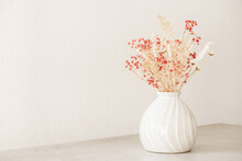 Modern Dryed Flowers Bouquet In Beige Vase. Interior Elegant Home Decor. Minimal Floral Arrangement. Copy Space, Front View
