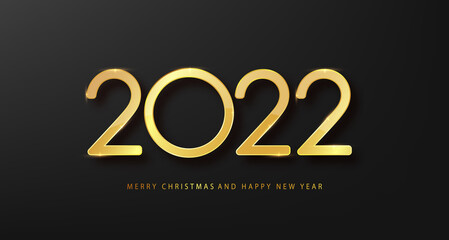 Wall Mural - Golden 2022 Happy New Year with falling confetti on dark background. Luxury Holyday template for design card, banner