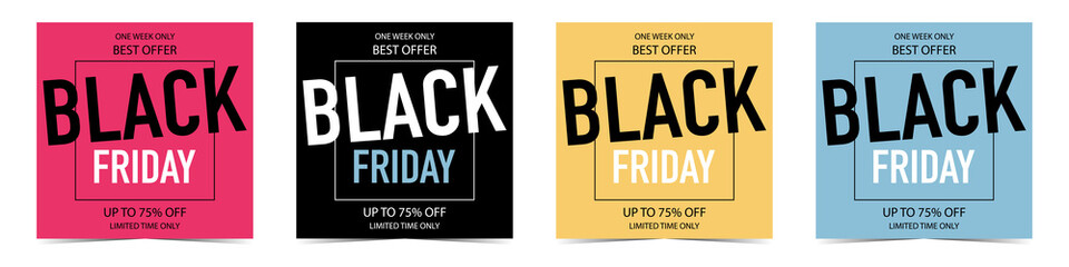 Naklejka na meble Black Friday sale banner set. Promo stickers in different colours with one week only limited best offer. Discount poster, brochure and flyer vector illustration.