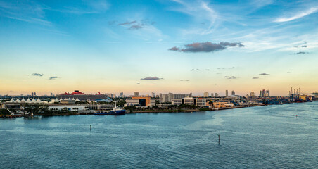 Wall Mural - Aerial panorama view of Miami beach bayfront scene at sunset