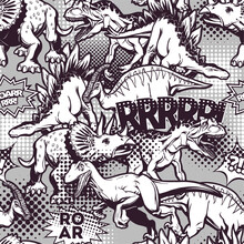 Comic Pop Art Dinosaur Pattern For Print And Decoration. Vector Illustration.