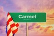 Carmel - Indiana/USA. Road or City Sign. Flag of the united states. Sunset Sky.
