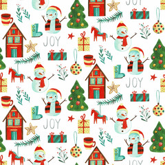  Christmas pattern with watercolors, house and Christmas trees