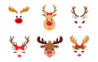 Set of a cute reindeer face with Christmas decoration. Vector illustration. Collection of cute cartoon reindeer. Christmas theme. Isolated on white background.