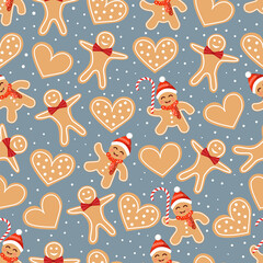 Wall Mural - Christmas texture with gingerbread cookies, cookies and sweets. Vector illustration of Merry Christmas and Happy New Year. Seamless pattern. Winter holiday.