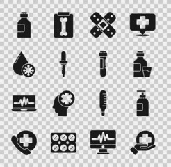 Sticker - Set Cross hospital medical, Hand sanitizer bottle, Bottle of medicine syrup, Crossed bandage plaster, Pipette, Blood test virus, and Test tube with blood icon. Vector