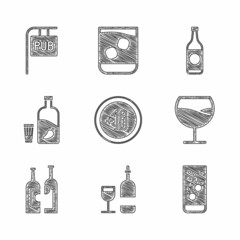 Canvas Print - Set Alcohol 18 plus, Wine bottle with glass, Effervescent tablets water, Bottles of wine, Vodka pepper and, Beer and Street signboard Pub icon. Vector