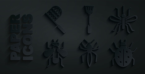 Sticker - Set Spider, Mosquito, Insect fly, Mite, Fly swatter and Butterfly net icon. Vector