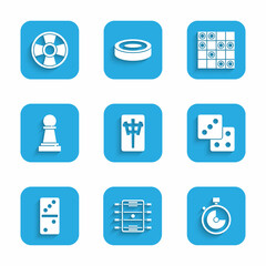 Poster - Set Mahjong pieces, Hockey table, Stopwatch, Game dice, Domino, Chess, Board game of checkers and Casino chip icon. Vector