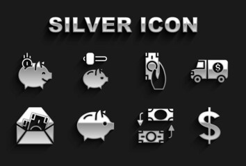 Sticker - Set Piggy bank, Armored truck, Dollar symbol, Money exchange, Envelope with dollar, Fast payments, coin and and hammer icon. Vector