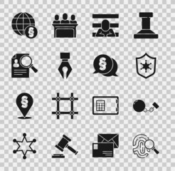 Sticker - Set Fingerprint, Ball on chain, Police badge, Prisoner, Fountain pen nib, Paper analysis magnifying, International law and Law icon. Vector