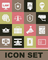 Sticker - Set Safe, Evidence bag and bullet, Security camera, Oath on the Holy Bible, Scales of justice, International law, Location and Justice in shield icon. Vector