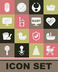 Sticker - Set Baby stroller, inside heart, bib, Monitor Walkie Talkie, Newborn baby infant swaddled and icon. Vector