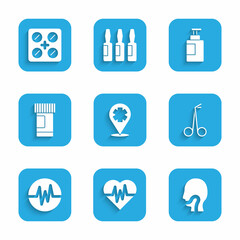 Poster - Set Location with cross hospital, Heart rate, Sore throat, Medical scissors, Medicine bottle and pills, Hand sanitizer and Pills blister pack icon. Vector